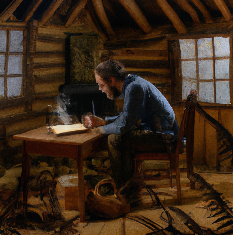 Una imagen foto realista de Henry David Thoreau sentado dentro de su cabaña de Walden escribiendo el libro Walden. La vida en los bosques.